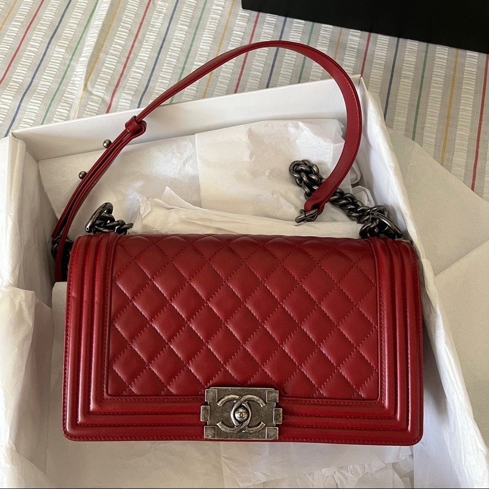 NWT Chanel Dark Red Quilted Lambskin Le Boy Bag